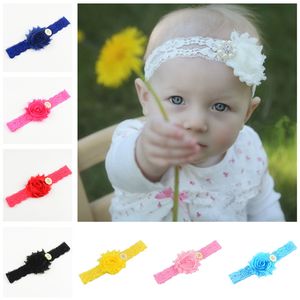 2.5" chiffon shabby flowers with rhinestone button on elastic lace headhand for baby girl hair accessory