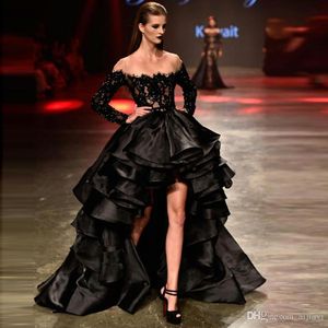 Charming Black Lace High Low Prom Dresses Beaded Organza Ruffles Long Sleeve Sheer Neck Tiered Formal Evening Wear Gowns