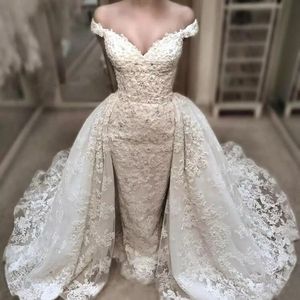 Luxo 2018 Off Ombro Lace Sereia vestidos de casamento com fraldas de saia destacável applique longos vestidos de noiva feito sob encomenda en11148
