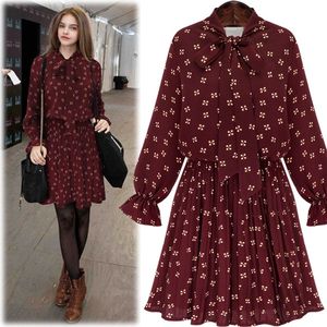 Spring Casual Women Dresses Chiffon Bow Dress Large Size Flare Sleeve Bow Collar Pleated Dress Female