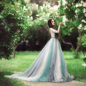 Graceful Fluffy Colorful Prom Dress Beading Applique Half Sleeve Open Backless Evening Dress Tulle Sweep Train Evening Gown Sexy Party Dress