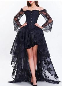 Black High Low Two Piece Lace Corset Prom Dress Gothic Trainer Lingerie Retro Lace up Back Overbust Corsets Off the Shoulder Formal Gowns Halloween palace Tunic