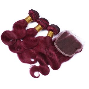 9а класс девственные перуанские Бургундские человеческие волосы с закрытием 4 шт. лот 99J перуанское вино красные волосы 3Bundles с тела волна 4x4 кружева закрытия