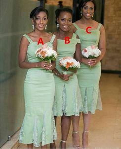 African Sage Green Spaghetti Bridesmaid Dresses Three Style Sheath Bridesmaid Gowns With Lace Knee Length Women Cheap Prom Party Dresses