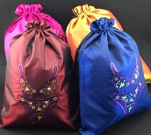 Fine Embroidered Large Drawstring Storage Pouch Bra Underwear Lingerie Travel Bag High End Satin Fabric Dust Bags Protective Cover Wholesale