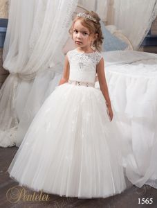 Первое причастие платья для маленьких девочек с бисером шеи и розовый пояс кристаллы тюль бальное платье цветочные платья для свадеб