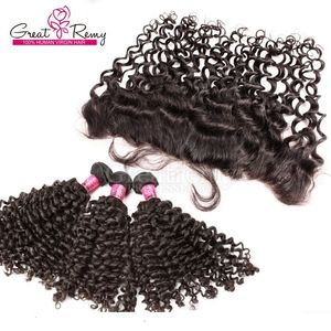 Greatremy 13x4 Deep Curly Lace Frontal Closure with Hair Bundles CurlyWave Brazilian Virgin HairWeaveLace Frontal Free Milld 3 Part