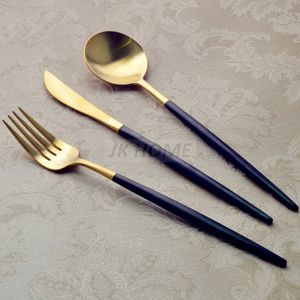 JK Home 18/10 Czarny uchwyt Złoty sztuka Zestaw Flatware Ze Stali Nierdzewnej Zestaw Matowy Łyżkowy Knife Sztućce Zestaw Obiadowa Naczynia Stołowe