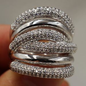 Moda Feminina 10KT Ouro Branco Cheio de CZ Anéis Mais X-type Pave setting Zircon Diamond Gemstone Ring Engagement Wedding Wedding Jewelry for Women