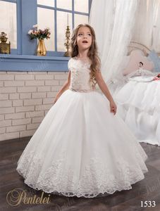 Kids Wedding Dresses with Cap Sleeves and Beaded Sash 2021 Pentelei Appliques Tulle Princess Flower Girls Gowns for Weddings