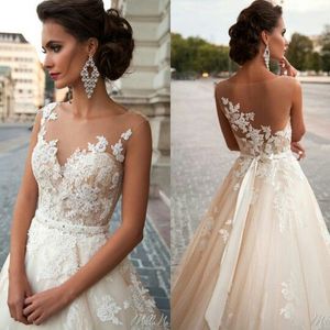 Vintage Arabiska Blush Bröllopsklänningar Spets Bridal Klänning Sheer Neck Back Applique Tulle Bröllopsklänning Anpassad Pärlstav Breadal Gown