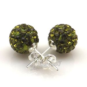 Wholesale earring for christmas for sale - Group buy 10mm Olive Green Disco Balls Crystal Earring Studs Silver Plated For Christmas Pairs