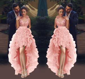 Aplikacja 3D Wysoka Niski Prom Dresses 2017 Wiosna Organza Ruffles Różowe suknie wieczorowe powiedział Mhamad Floral Formal Party Homecoming Dresses