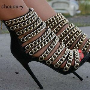 Metal Chain Cut-outs Ankle Booties Peep Toe Spring Autumn Stiletto Woman Gladiator Sandal Boots High Heels botas party Shoes