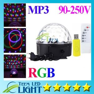 DHL RGB MP3 Magic Crystal Ball LED Musik Stage Light 18W Hem Disco DJ Party Stage Lights Lighting + U Disk fjärrkontrolllampa