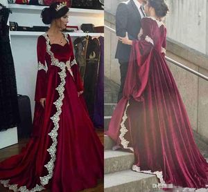 Kaftan Suknie Wieczór Wear 2019 Arabski Dubaj Długie Rękawy Prom Suknie Hot Burgundy Velvet z aplikacjami Vintage Party Dress