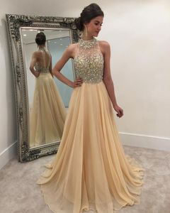 Newest Chiffon crystal beaded halter illusion back long champagne organza prom dresses Sexy Style