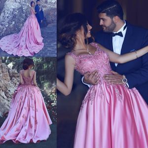 Pink Embroidered Prom Dresses Lace Appliques Satin Sweep Train Evening Gowns Zipper Back Saudi Arabia Formal Party Dress Custom Made