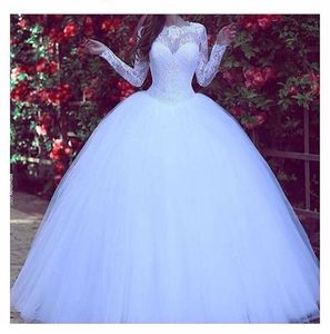 Abito da sposa a maniche lunghe dell'Arabia musulmana Abito da ballo in pizzo Abiti da sposa Abiti da sposa modesti in tulle gonfio principessa bianca