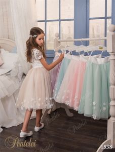 Две части Платья для девочек с цветами на свадьбу, с короткими рукавами и длиной до колена Цветочный кружевной топ из тюля для девочек Выпускные платья на заказ