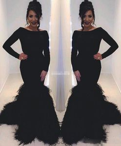 Sexy Black Feather Mermaid Evening Gowns Bateau Long Sleeve Zipper Back Prom Dresses Floor Length Cocktail Party Dresses Custom Made