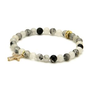 Gioielli da donna per tutta l'estate 6mm Perle di pietra di quarzo rutilato nero con zirconi trasparenti Bracciali con croce fedele Cz253r