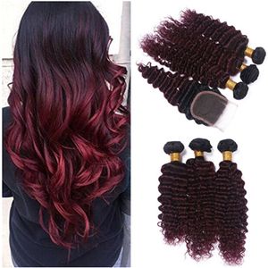 Deep Wave 1b / 99J Burgundy Ombre Malaysiska Virgin Mänskligt Hår Vävar 3Bunder med Vin Röd Ombre 4x4 Lace Front Stängning 4st