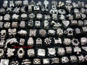 Wholesale 100pcs mixed Tibet Silver Beads for Jewelry Making Loose Alloy Metal Charms DIY Hole Beads for European Bracelet Wholesale in Bulk Low Price