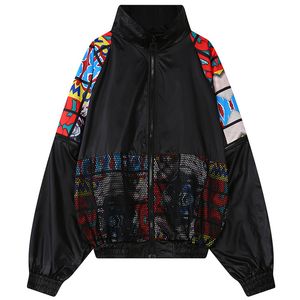Wholesale- 2017 Autumn Women Bomber Jacket New Double X Embroidery Net Causal Graffiti Ladies long sleeves Plus Size Outwear Coat