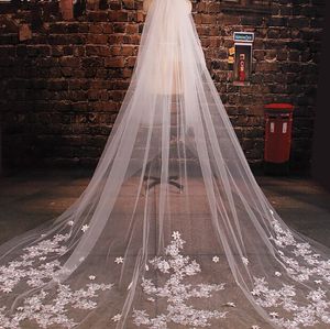 Véu de casamento luxuoso catedral, apliques de flores, feito à mão, tule, véu de noiva com pente, véu longo para noivas, 3 metros, véu 332v