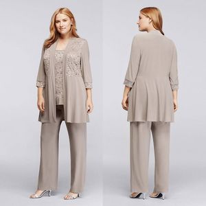 Шампанское кружево мать костюмы для брюк невесты с куртками Scoop Neck Guide Guest Guest Plus Plus Size Chefon Mothers Groom Play 415