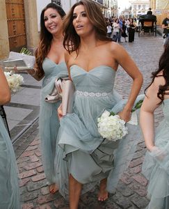 Dammblå grå brudtärna klänningar avslappnad bröllopsfest klänning prom klänningar piga av ära klänningar mjuk tulle med bälte älskling skräddarsydda