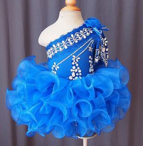 2022 Mavi Pageant Elbise Küçük Kızlar Çocuklar Için Çocuk Çocuk Elbise Yay Anahtar Dişi Geri Organze Ruffles Düğün Parti Communion Çiçek Kız Elbise