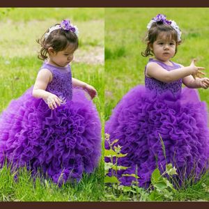 Tutu Purple Flower Girls Dresses For Wedding Sheer Neckline Ruffles Organza First Communion Dress Ball Gowns Cute Baby Birthday Pageant Gown