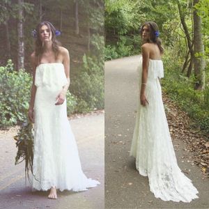 Boho Bröllopsklänning Vintage Full Lace Bridal Gowns Beach Garden Party Strapless Bohemian Bridal Gowns 1970s Brides Wear Sweep Train
