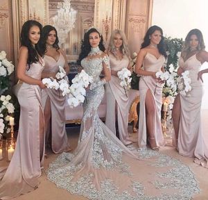 Nowoczesne Blush Satin Długie Druhna Dresses Side Split Spaghetti Paski Backless Plus Size Maid of Honor Party Suknie na ślub