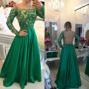 Pescoço verde bonito noite mangas compridas com apliques vestidos de baile sheer back peplum frisado feito sob encomenda vestidos de festa formais