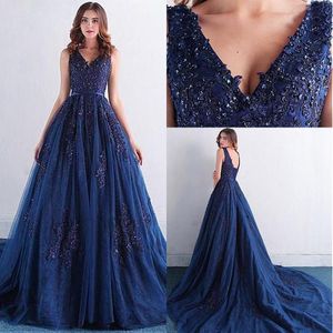 Elegant Sequin Beaded Dark Navy A Line Evening Dresses V Neck Low Back Lace Appliques Formal Evening Gowns For Sale Fall Winter