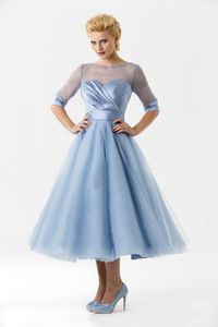 Vintage 2016 Serenity Blue Tulle A-line Tea Length Bridesmaid Dresses Country Cheap Sheer Neckline Half Sleeves Beach Formal Gowns204i