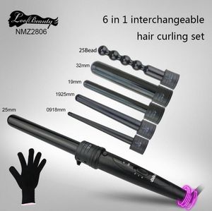 DHL Darmowa Wysyłka 6 w 1 Curling Wand Zestaw ceramicznych włosów Curling Tong Hair Curl Iron the Wand Hair Curler Roller zestaw prezentów 09-32mm EU / US Plug