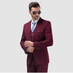 Wholesale-Custom Made One Button Burgundy Groom Tuxedos Groomsmen Mens Wedding Suits Prom Bridegroom (Jacket+Pants+Vest+Tie) NO:791