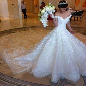 Gorgeous Off Shoulder Wedding Dresses Crystal Beaded Sequins Lace Appliques Bridal Dresses A Line Cathedral Train White Lace Wedding Gowns