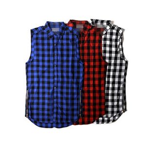 Wholesale-Tyga L K Hip hop gold side zipper oversized plaid flannel shirt tee men casual zippper red plaid tartan last king Tee shirt