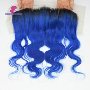 Ombre laço azul frontal 13x4 cabelo peruano onda corporal frontal # 1b/azul/vermelho/verde/roxo fechamento nós branqueados