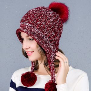 Vinter stickad mössa hatt för kvinnor ull blandar mjuka varma skalle kepsar med öronflikar härliga damer mössor gorro med sammet gh-254