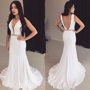 Wholesale sexy white evening gowns for sale - Group buy Sexy Dresses Party Evening Gown Plunging Neck Sleeveless Backless Evening Dress White Ivory Long Prom Party Gowns with Crystals Beads