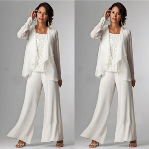 Moda Marfim Mãe da Noiva Calça Terno Colher Pescoço Rendas Top Chiffon Mãe Terno de Mangas Compridas Convidado Do Casamento Desgaste Do Partido Barato