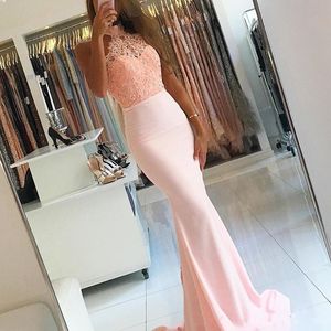 2017 New Sexy Black Girl Mermaid Halter Neck Illusion Sleeveless Pink Sweep Train Evening Dresses Lace Appliques Hollow Beaded Prom Gowns
