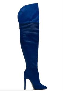 2017 패션 여성 무릎 높은 부츠 키 큰 검투 총 허벅지 높은 부츠 12cm 얇은 발 뒤꿈치 블루 mujer bota 파티 신발