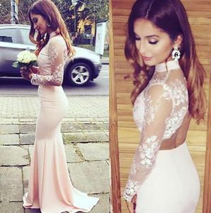 Fashion 2016 Baby Pink Lace And Satin Mermaid Two Piece Prom Dresses Long Cheap High Neck Long Sleeve Backless Formal Dress Custom EN92312